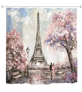 Image of Waterproof Paris Eiffel Tower Bathroom Shower Curtain Romantic Lover Pink Flower Polyester Fabric Bathroom Curtain 1.8mx1.8m