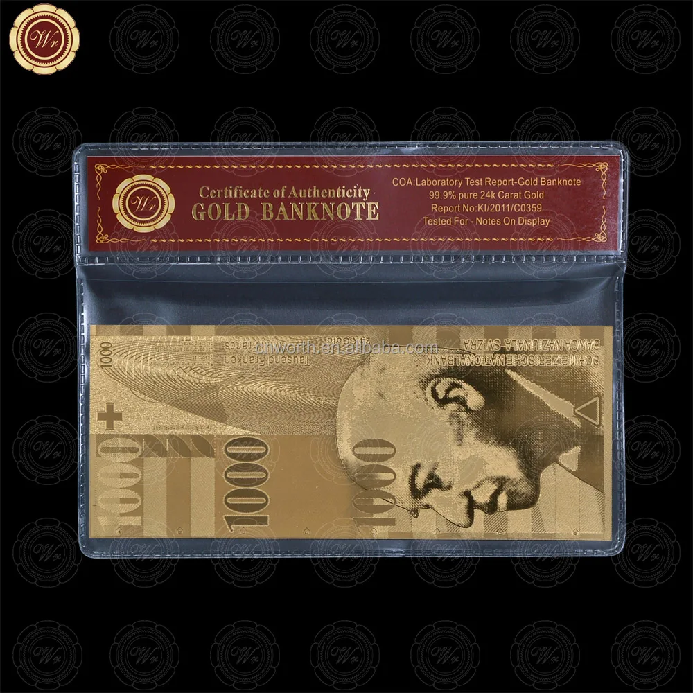 

Wr Golden Swiss Bills Newest Souvenir Gifts 24K Gold Banknote Carved 1000 Franc in Plastic Frame, Can be gold or silver or colorful