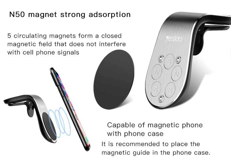 Aluminum Alloy Silicone 5Pcs Magnets Mobile Phone Mount Holder Magnetic Air Vent Car Phone Holder
