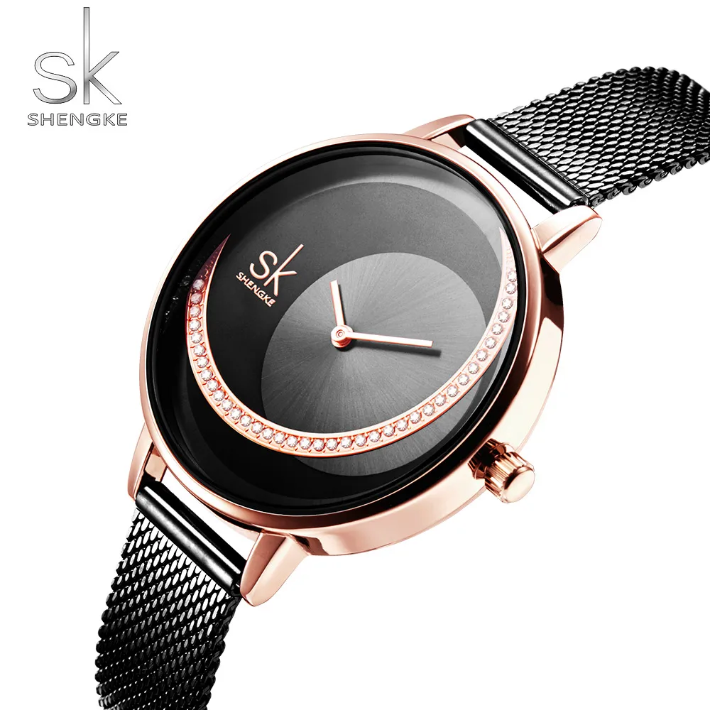 

SHENGKE Brand Quartz Wrist Watches Fashion Women Casual Dress Luxury Black Mesh Watch Rhinestone Waterproof Reloj Mujer SK, 4colors for choice