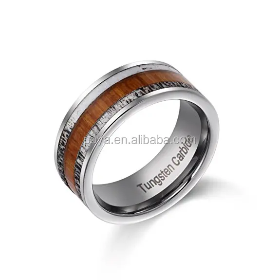 

POYA Jewelry New Arrive Latest Designs Tungsten Wood Finger Ring With Pure Nature Antler Inlay Comfort Fit Lovers