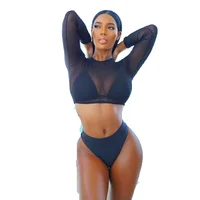 

3 Piece Swimsuit Summer Sexy Women Mesh Long Sleeve High Waist Bikini Set Push Up Swimwear Bra+Bottom+Cover Up Swimsuit
