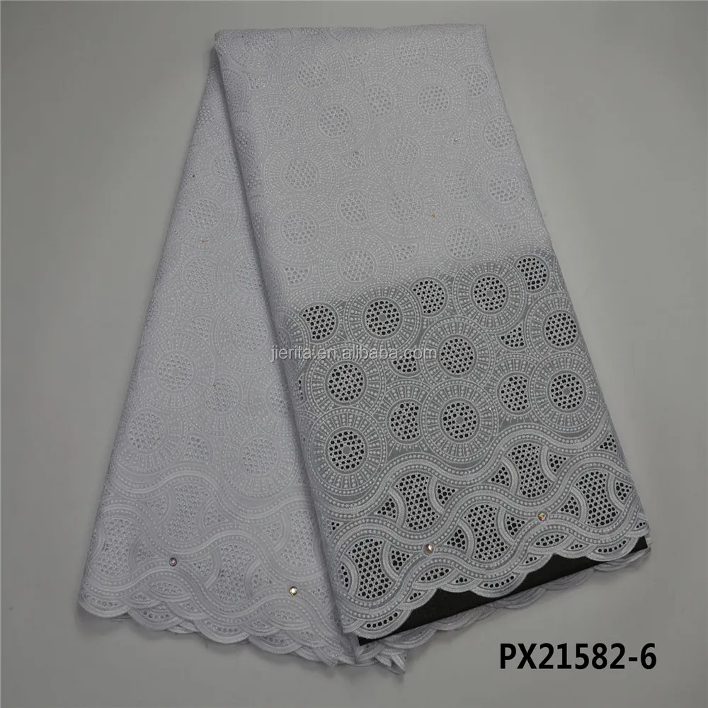 

Fashion garment Africa white cotton embroidery swiss voile lace with stones