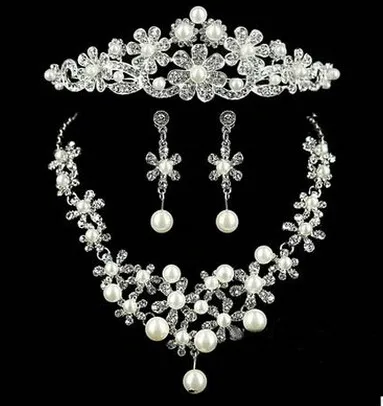 

Hot Sale Fashion Wedding Jewelry Crystal Crown Earrings Necklace Bridal Jewelry Set, White