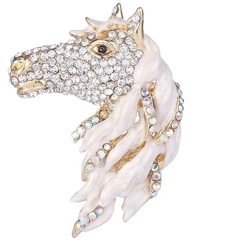 

Gold Tone Clear Crystal White Enamel Lovely Horse Head Brooch Pin