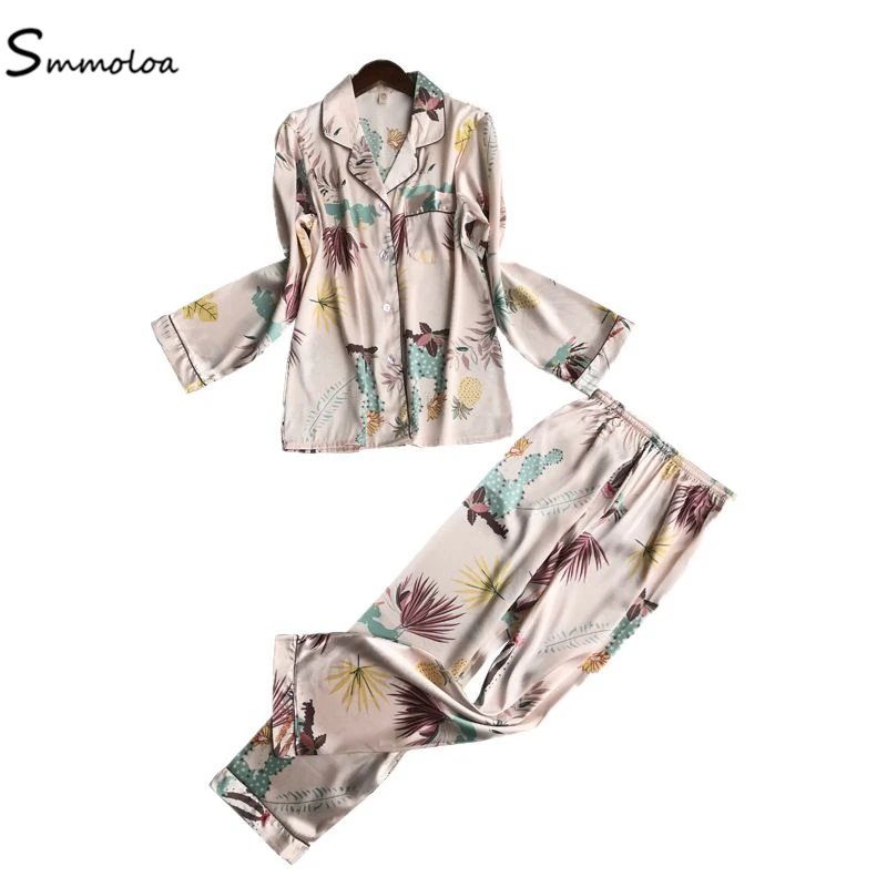 

Smmoloa Satin Silk Pajama Sets Women Sleepwear Family Pijama Silk Night Suit Women Print Casual Homewear, As picture