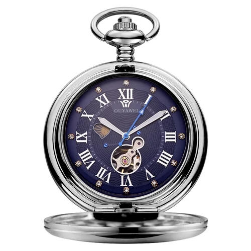 

Hot Sale OUYAWEI Roman Number Diamond Blue Dial Vintage Waterproof Skeleton Pocket Watch Automatic