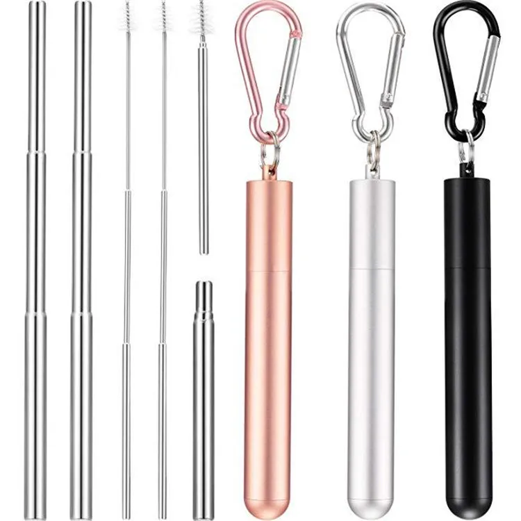 

Reusable Stainless Steel Drinking Straw Adjustable Telescopic Cleaning Brush Telescopic Drinking Straw With Keychain, As the pictures or custom other colors