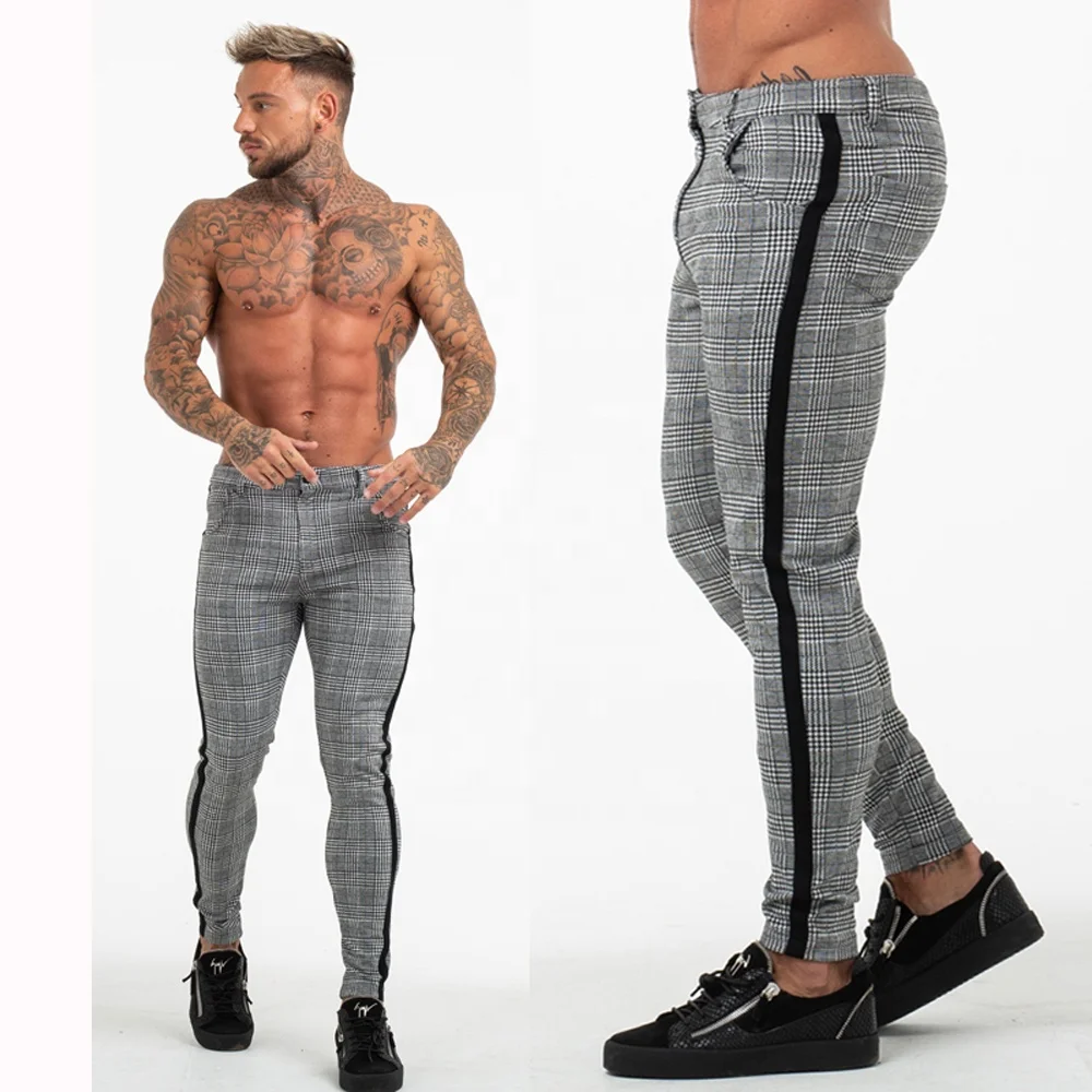

Men Skinny Fit Stretch Check Trousers With Black Side Taping Mens Erand Chino Grey Sand Chequer Pants Ripstop 2019
