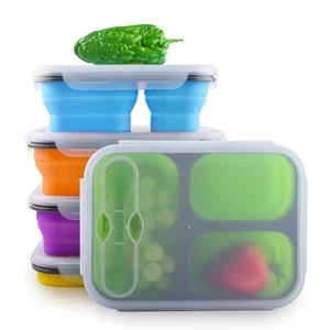 Image of 100% Food Grade Silicone Collapsible Food Container 3 Compartments Bento Silicone Lunch Box with Fork
