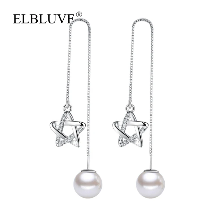 

ELBLUVF S925 Silver Plated Copper Alloy Zircon Jewelry Star Shape Long Tassel Earrings, White gold