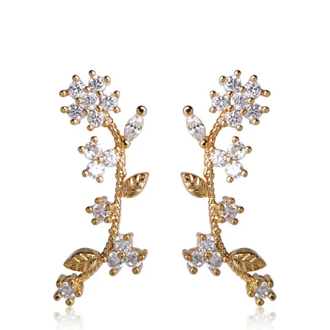 

Wholesale Pretty Flowers Stud Earrings Zircon Copper Metal Bijoux Women Wedding Leaf Earrings, Clear