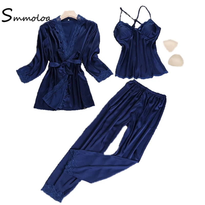 

Smmoloa Women Silk Long-sleeve Sexy Night Wear 3 Piece suit Pajamas, As picture