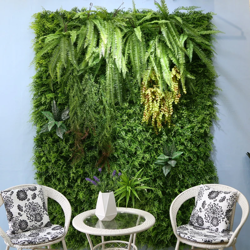 
China Factory Turtle Leaf Artificial Customized Boxwood Green Plant Wall Panel Fake Plant Wall with Small Flowers Hanging 