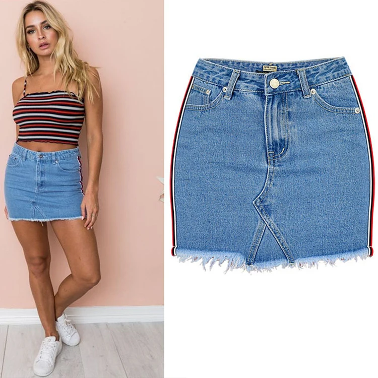 

summer OEM factory high rise side stripe high waist jeans women denim skirts 2019