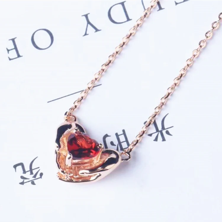 

top quality natural garnet gemstone charm necklace 925 silver 18k gold plated necklace for women and girls