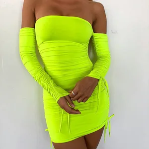Neon Green Ruched Off Shoulder Long Sleeve Bodycon Dress Sexy Party Night Club Dresses Bandage Spring Y11012