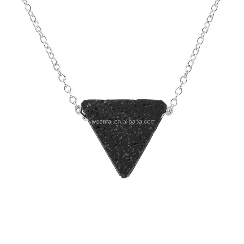 Hot Sale Big Black Triangle Shaped Natural Lava Stone Pendant oil diffuser Necklace with silver chain for women