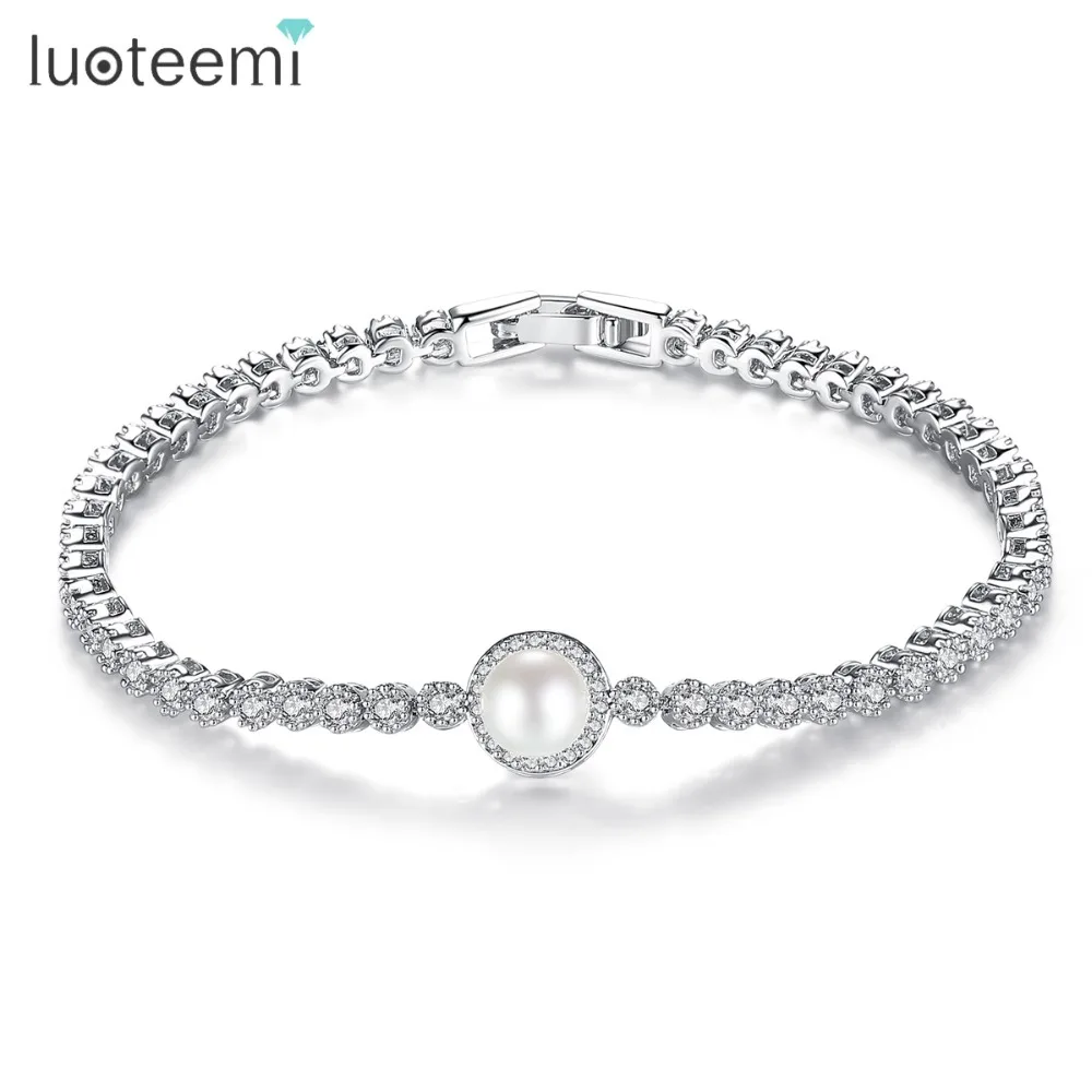 

LUOTEEMI Luxury Cubic Zirconia Women Bridal Noble Imitation Pearl Tennis Bracelet, N/a