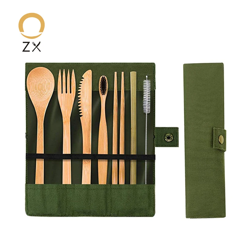 

Portable reusable Bamboo Cutlery set Travel Eco-friendly Fork Spoon Straw Practical Set