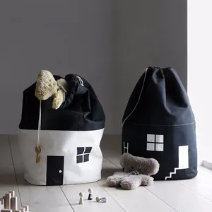 Image of Nordic style canvas fabric toys storage bag kids drawstring storage bags