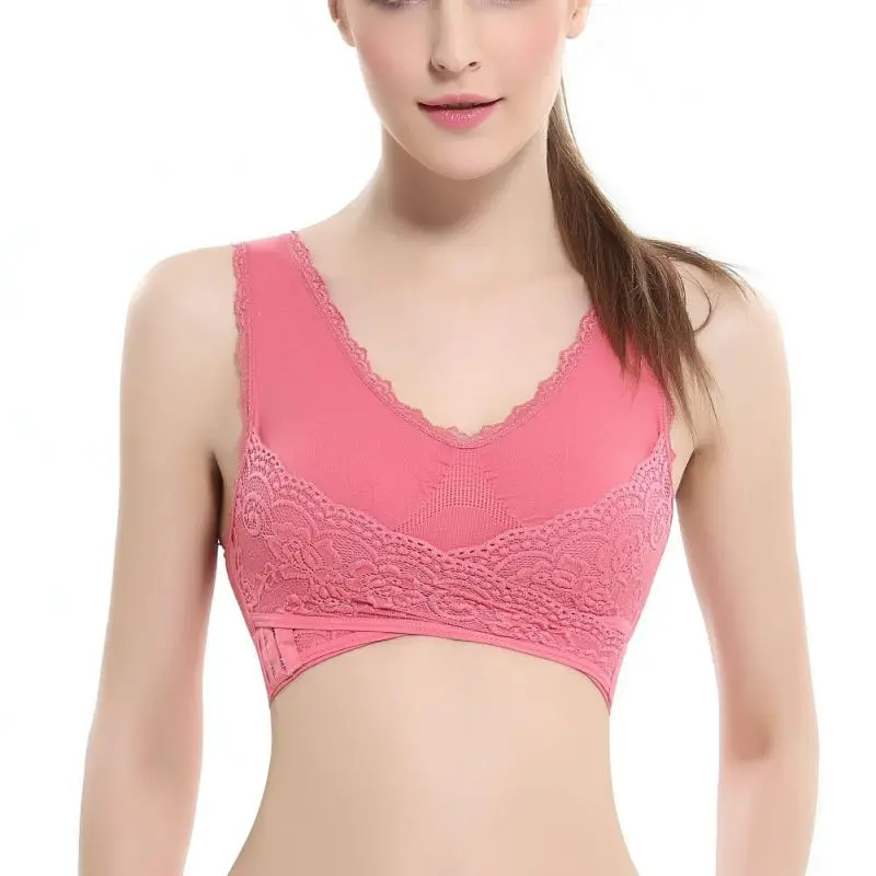 

M-3XL Women Sexy Lingerie Lace Solid Color Cross Side Buckle Wireless Push up Breathable Sleep Underwear Sports Bra, Black, white, beige, pink, red, blue