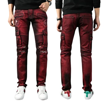 Denim Garment Factory Red Distressed Zipper Bike Pants Men Jeans Men's ...
