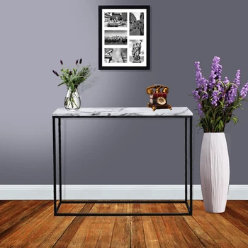 Sofa Console Table Marble Print Top Metal Frame Accent White