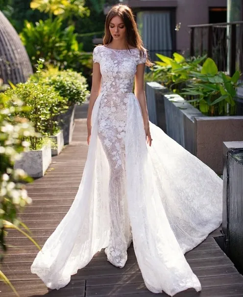 

Sexy Backless Lace Mermaid Detachable Wedding Dress, Ivory