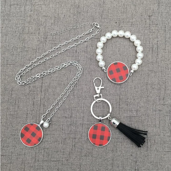 

Monogram Jewelry Set Plaid Disc Necklace Tassel Pearl, White, red, customized