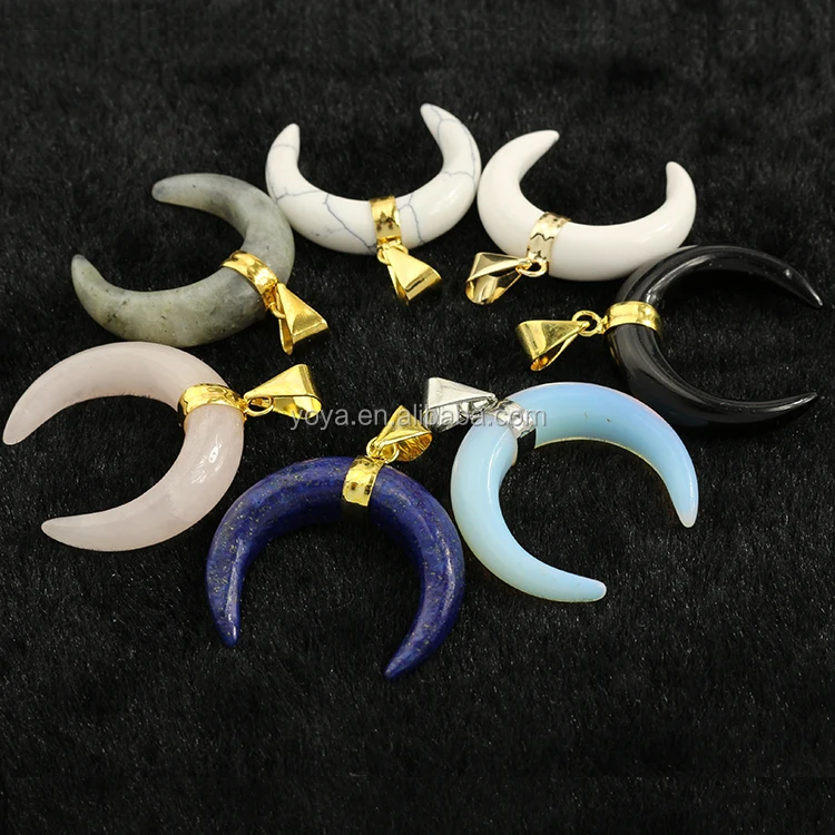 

JF7086 Hot sale stone crescent pendant,moon pendants with gold bail, Multicolor