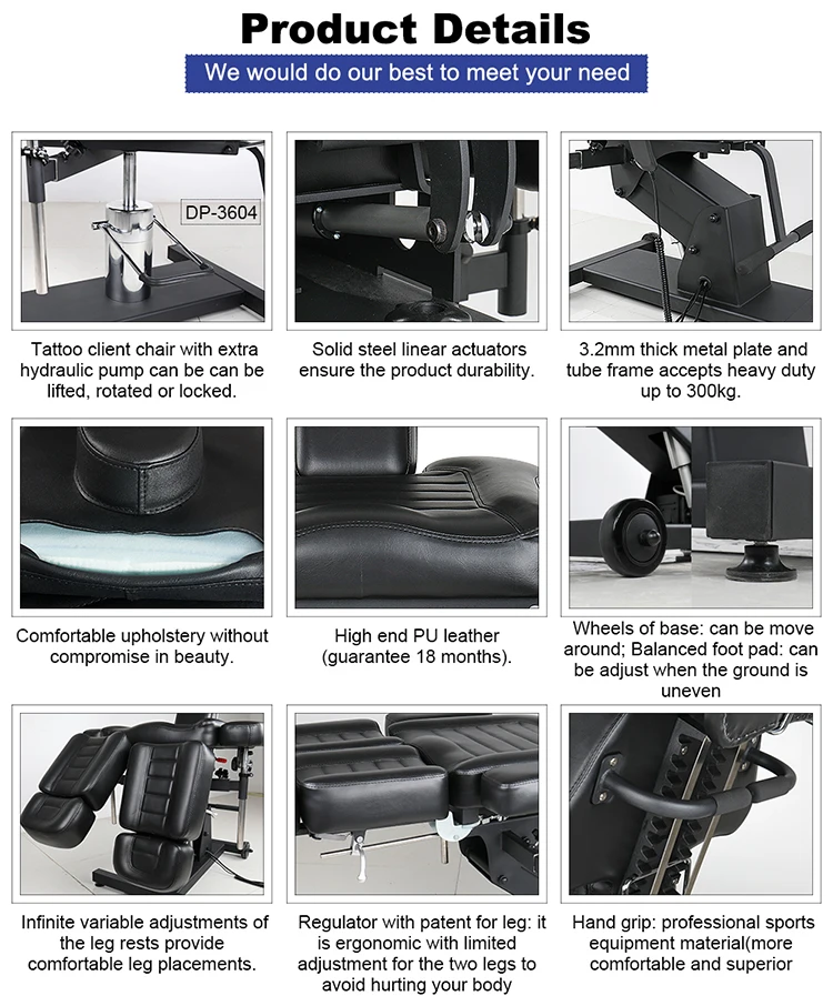 hot sell high-grade tattoo chairs professional leather black bed tattoo equipment