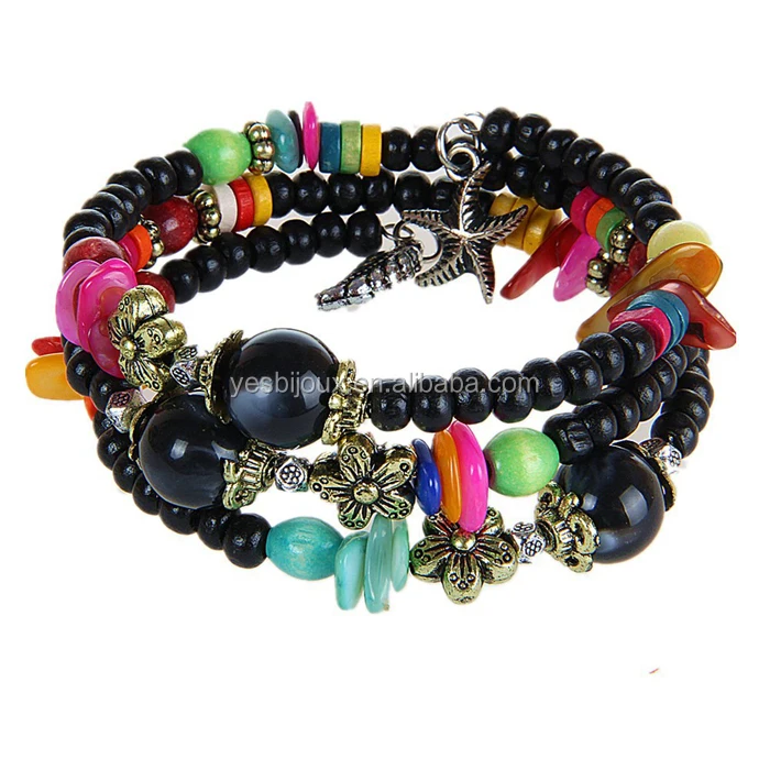 

bohemian black wooden beaded bracelet joyeria bohemia handmade bead bangle no fade resin wood bead bangle jewelry