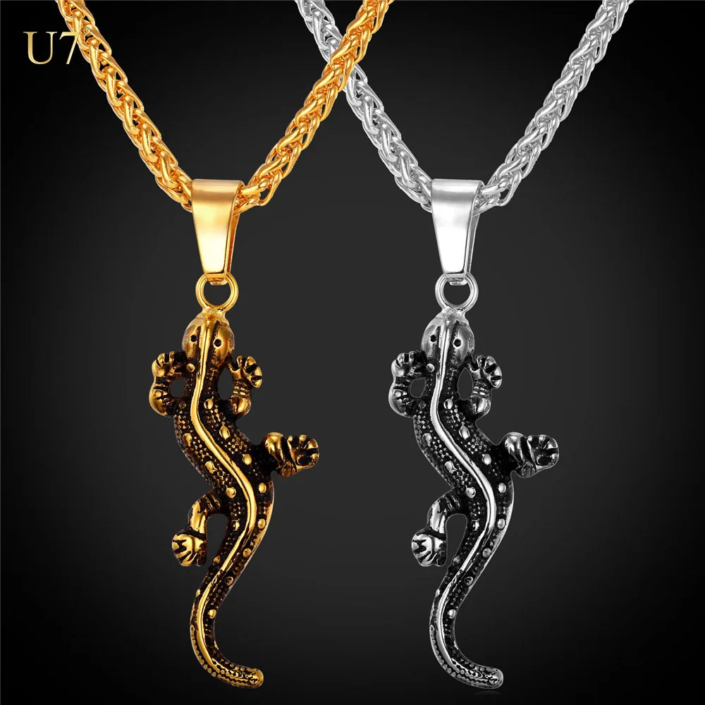 

U7 Stainless Steel Gecko Necklace with chain Women Men Jewelry Gift 18K Gold Plated Animal Charm Pendant Necklace Wholesale
