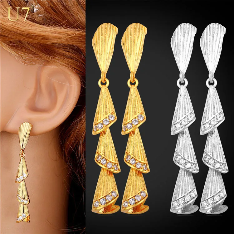 

U7 Long Earrings For Women girls Wholesale 18k Gold Plated Cubic Zirconia Drop Earrings Fashion Jewelry For Women, Gold/platinum color