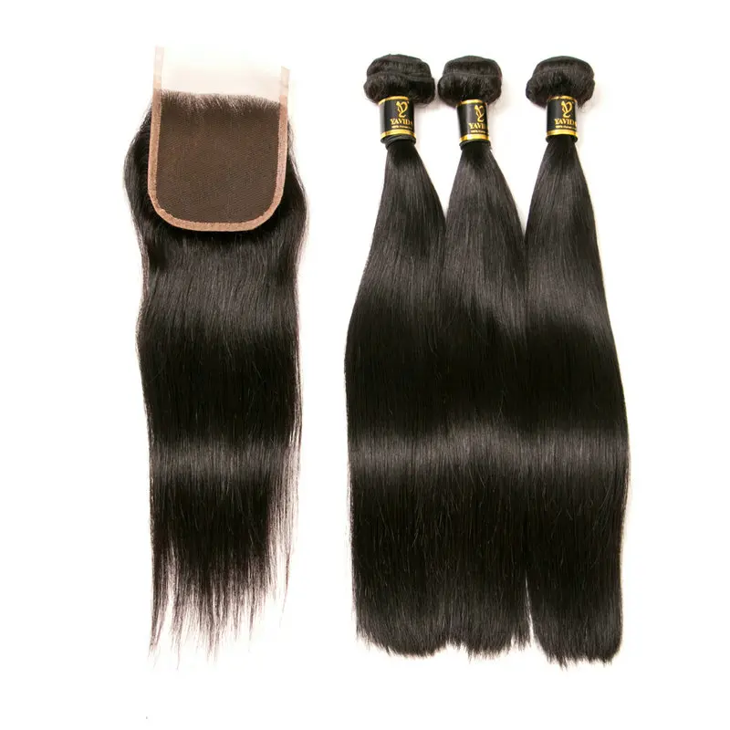 

Virgin Hair Straight Style 4x4 Natural Hairline Brazilian Lace Closure With Bundle Straight Weave with closure Brazilian Hair