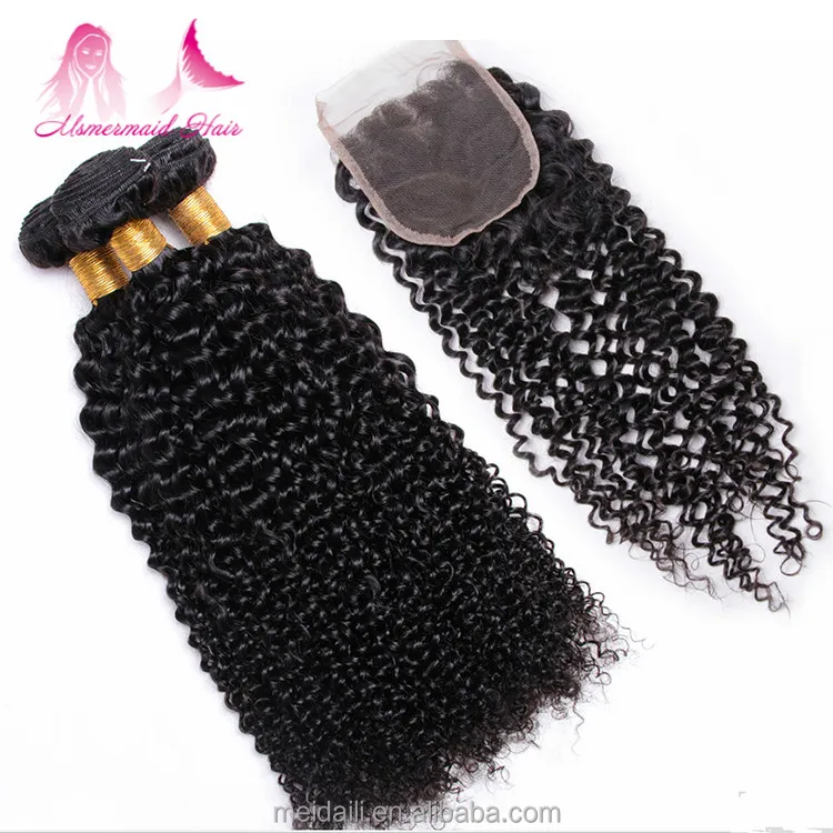 

Hot sale high quality virgin malaysian hair weave natural raw kinky curly hair 3 bundles with 4*4 lace closure, Natural color 1b