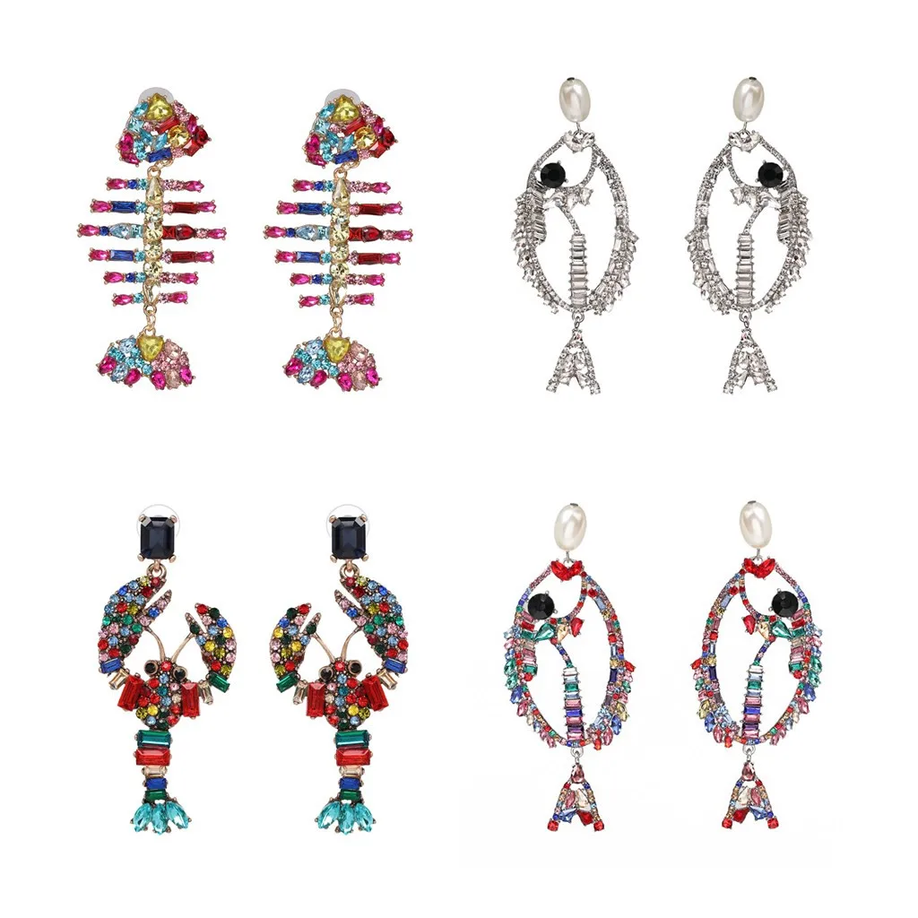 

za colorful crystal fish bone earrings wholesale lobster beach summer dangle drop statement earrings female women gift for her, Picture