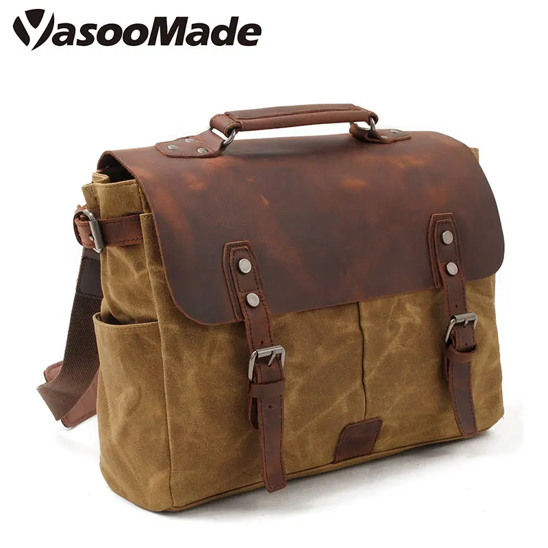 

2021 Men's vintage waterproof waxed canvas business shoulder leather briefcase laptop messenger bag