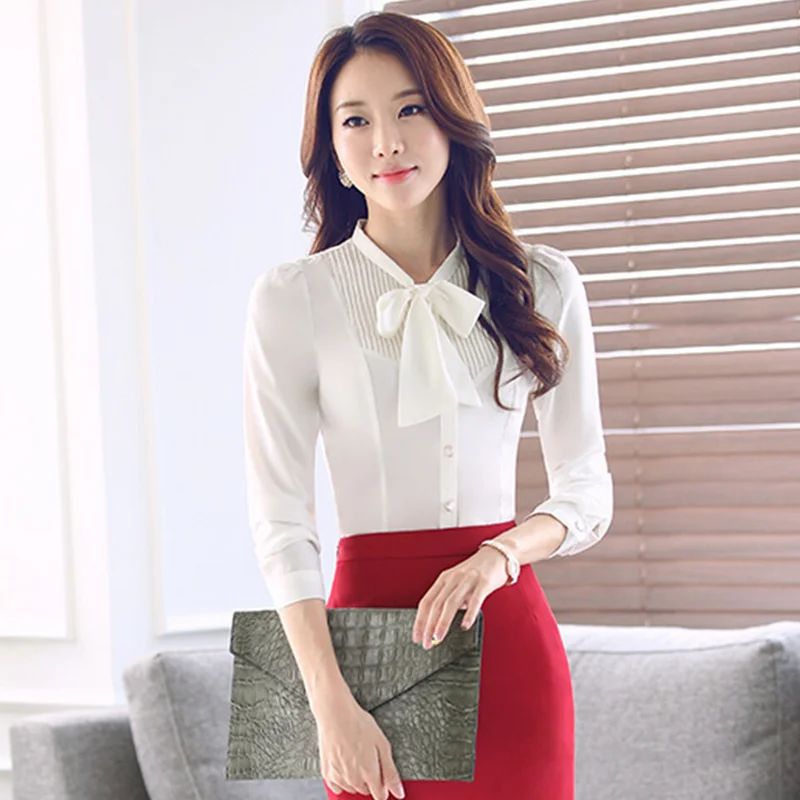 

2016 women clothing latest style bow shirt fashion woman long sleeve business blouses, White/rose/blue