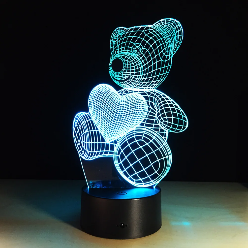 ZOGIFT Kartun Lucu Jantung Beruang Bentuk Acrylic LED Lampu 3D