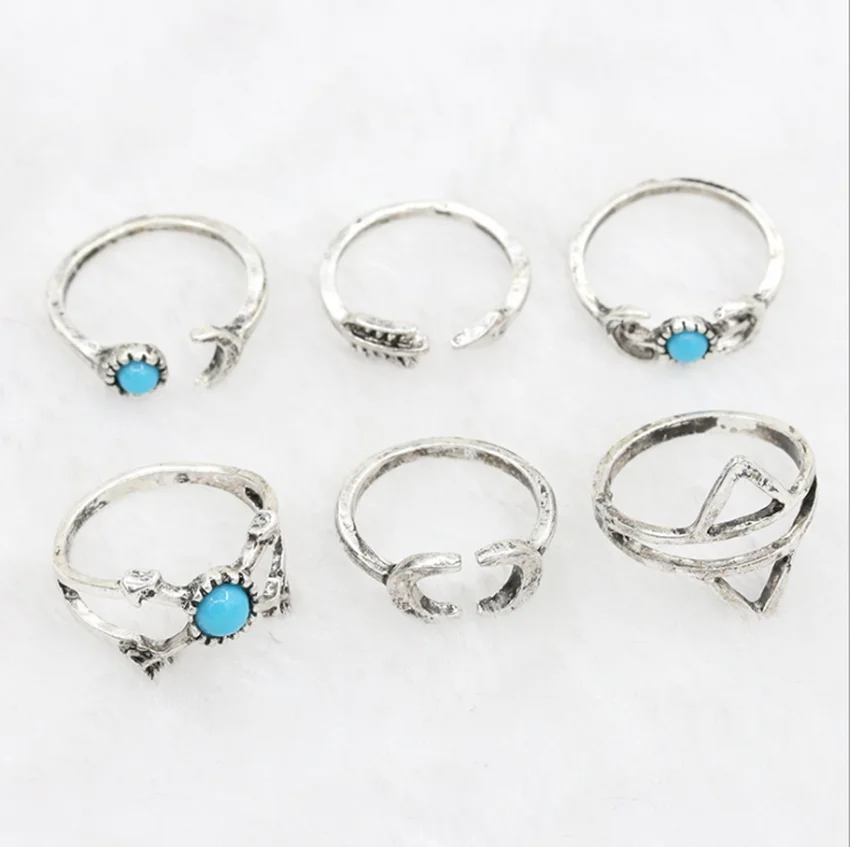 

Set Vintage Silver Gold Blue Stone Geometric Arrow Moon Finger Ring with Jewelry, Black