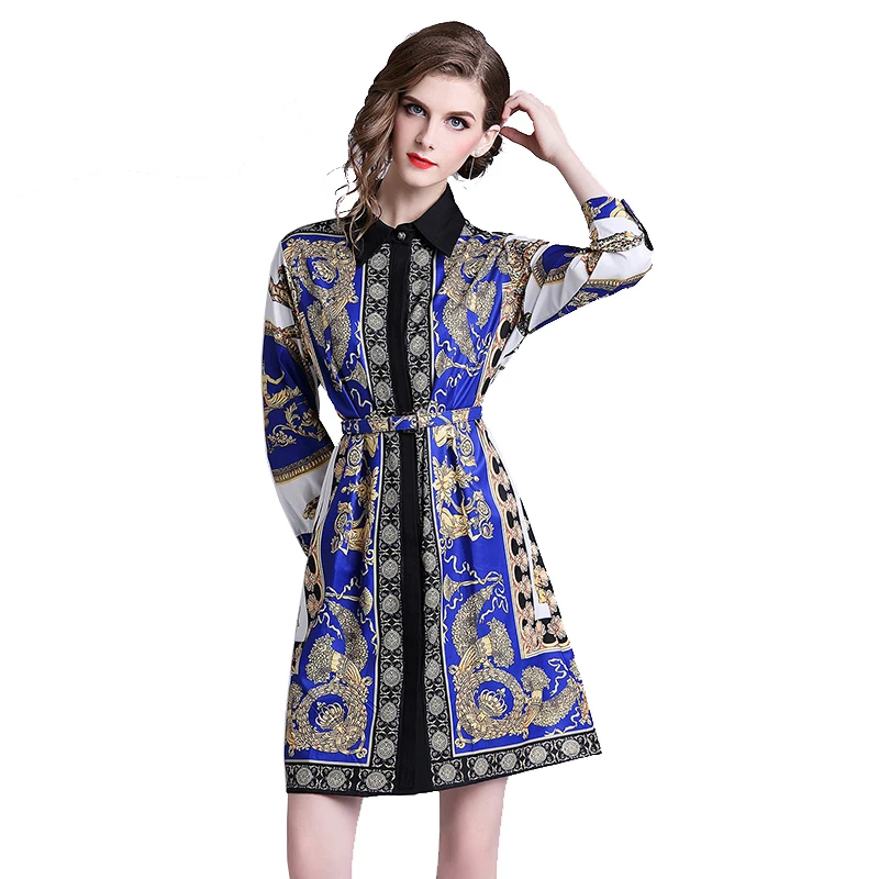 

vintage print long sleeve women dresses with Belt, Printed