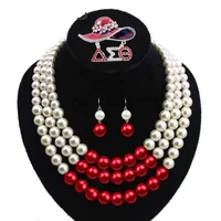 

DST Greek Sorority Fraternity Organization White Red Rhinestone Delta Sigma Theta Symbol Pearl Necklace Jewelry