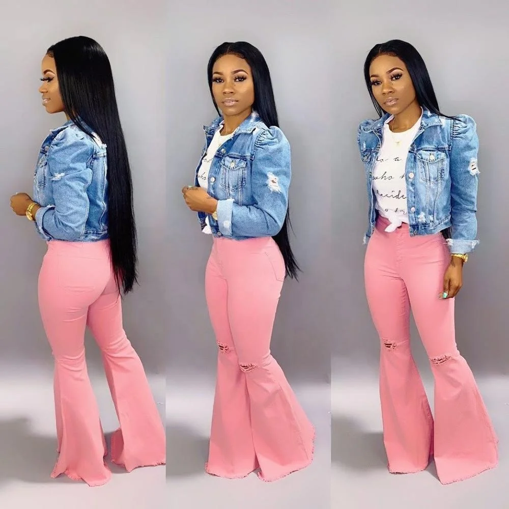 

B50440A Female newest jeans fashion pink denim flare pants