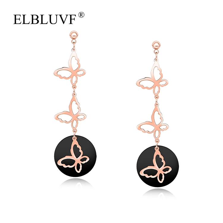 

ELBLUVF Stainless Steel Jewelry Rose gold Plated Classic Butterfly Dangle Earrings For Girls Wholesale