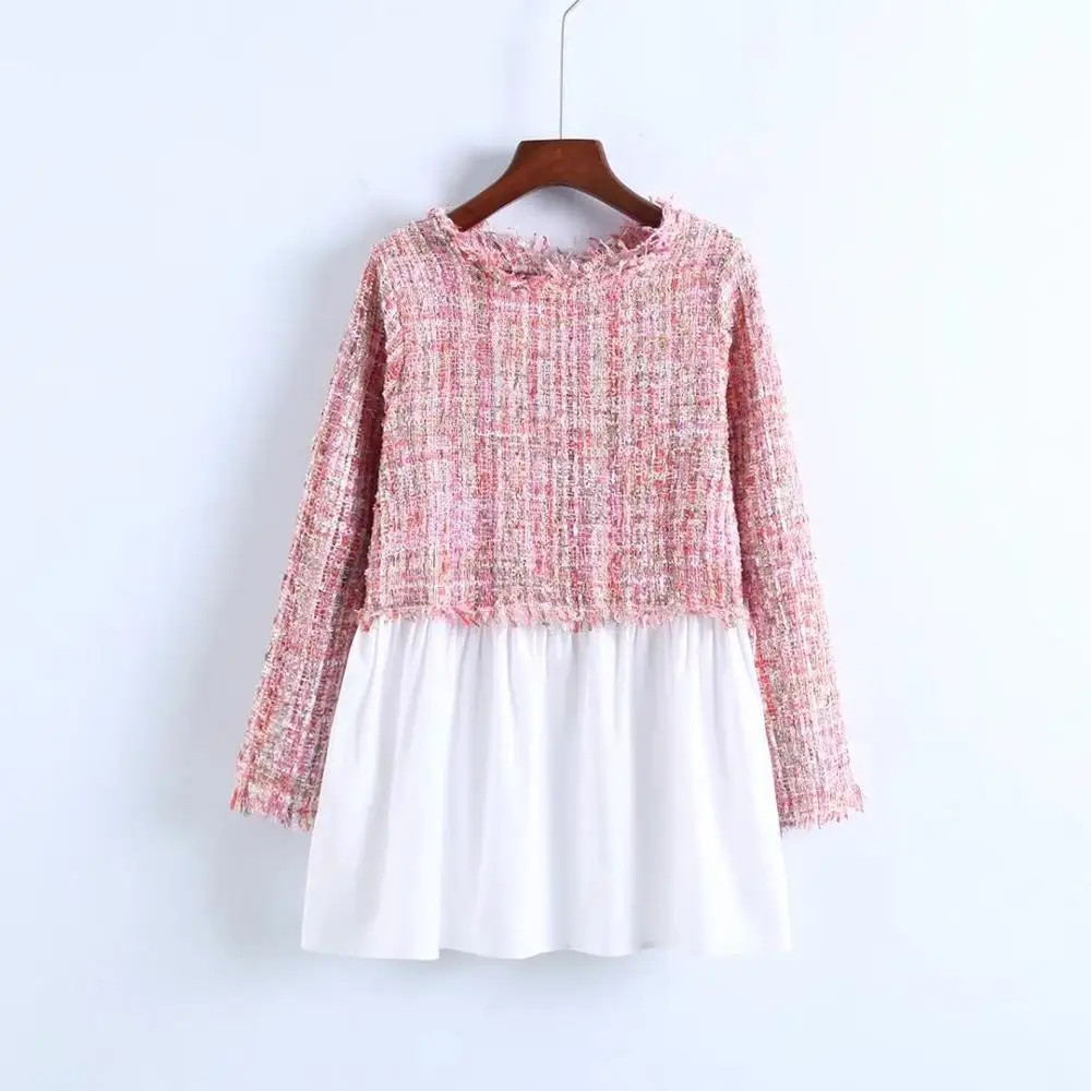2019 new arrival fashionable pink lady spring crew neck slim fit  long sleeve lace hip tweed women mini blouse dress