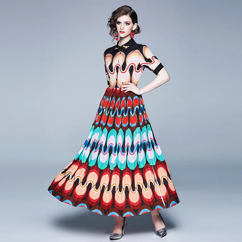 

Short Sleeve Retro Print Blue Casual Maxi Dress
