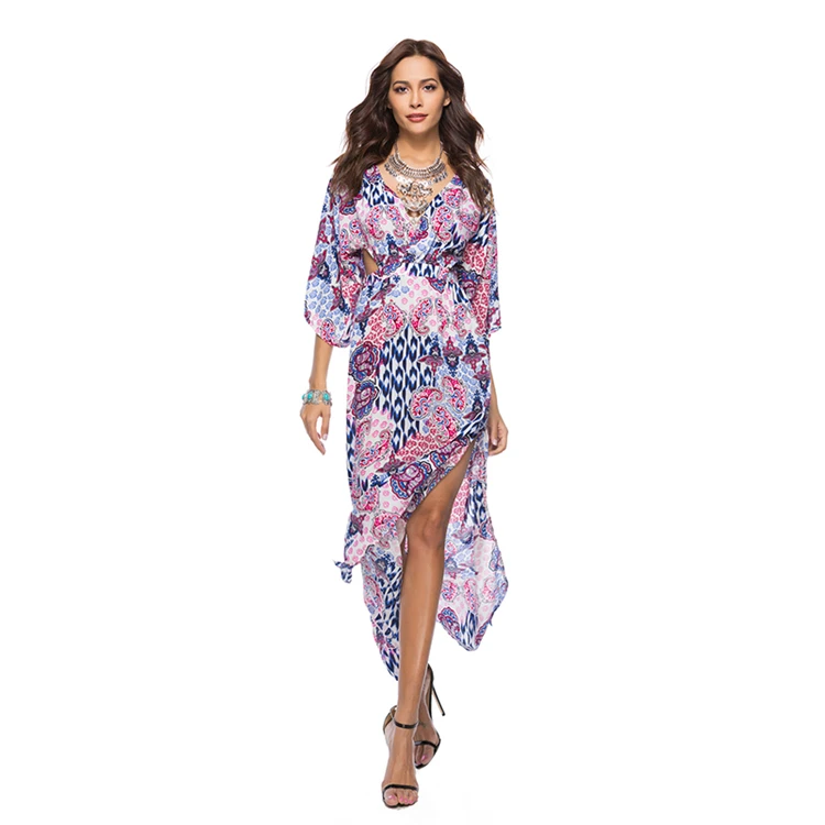 

2019 Wholesales Amazon Hot Sale V-neck Printed Cropped Sleeves Boho Beach Dress, Shown