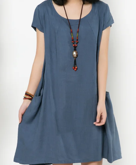 

Top quality custom bulk cheap o-neck short sleeve blank two packets new designer linen women dresses, N/a